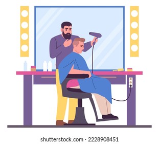 People in beauty salon. Barber with customer. Hairdresser makes hairstyle. Client sitting on armchair. Hairstylist drying hairs. Professional hairdo. Vector barbershop