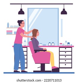 People in beauty salon. Hair styling. Barber with customer. Hairdresser occupation. Woman sitting on armchair. Professional hairdo. Barbershop worker making haircut