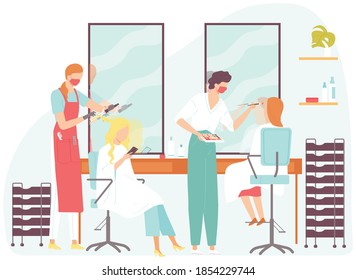 People in the beauty salon. Hairdresser makes a woman a hairstyle, a make-up artist does makeup. Concept for banner, website design or landing web page.Vector illustration in cartoon flat style