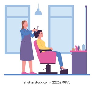 People in beauty salon. Hairdresser styling hair. Barber with customer. Professional hairdo. Hairstylist making haircut. Woman sitting on armchair. Workplace interior