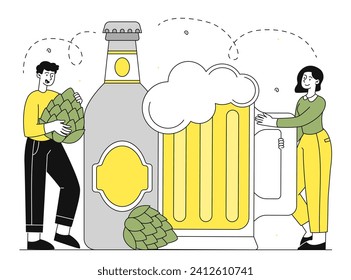 People with beer linear concept. Guy and gurl with glasses of alcoholic drinks and beverages. Hop products and brewery. Linear flat vector illustration isolated on white background