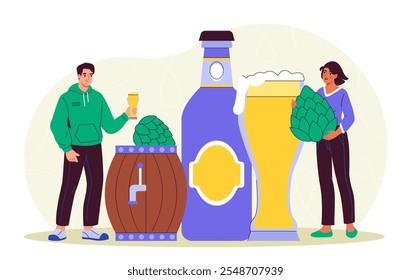 Personas con cerveza. Hombre y mujer cerca del barril y del vidrio con la bebida alcohólica. Alcohol y cervecería. Repiqueteo y ovaciones. Ilustración vectorial plana aislada sobre fondo blanco