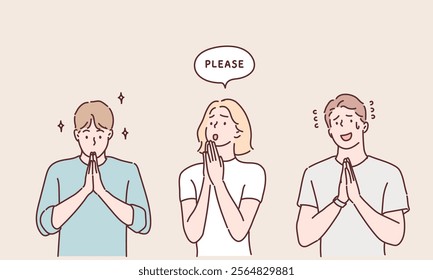 People begging and praying with hands together with hope expression on face very emotional and worried. Hand drawn style vector design illustrations.