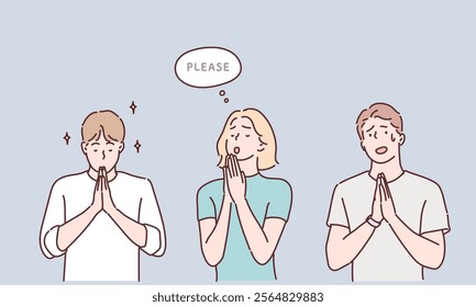 People begging and praying with hands together with hope expression on face very emotional and worried. Hand drawn style vector design illustrations.