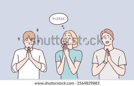 People begging and praying with hands together with hope expression on face very emotional and worried. Hand drawn style vector design illustrations.