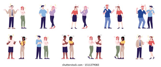 People behavior flat vector illustrations set. Couples quarrel, sympathize, argue, make friends. Men and women relationship isolated cartoon characters with outline elements on white background