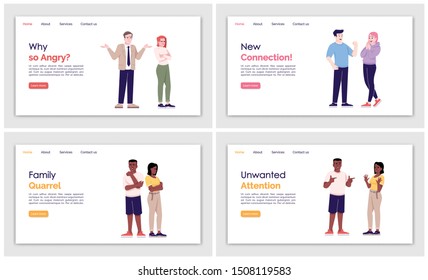 People behavior landing page vector template set. Human act website interface idea with flat illustrations. Psychological help homepage layout. Relations web banner, webpage cartoon concept