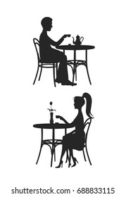 People behind a little table in cafe drinks coffee a vector illustration.