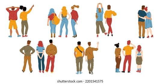 People from behind, male and female characters group rear view isolated on white background. Abstract young persons, couples and friends backside position, Cartoon linear flat vector illustration, set