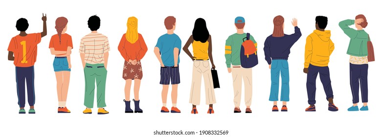 People from behind. Man and woman person's back, young cartoon characters standing together, crowd male and female from back side with bags vector group of boy and girl backside flat isolated set