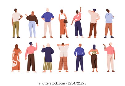 People from behind set. Men, women turned back, rear view. Characters standing backside. Persons gesturing, pointing with finger, looking up. Flat vector illustrations isolated on white background