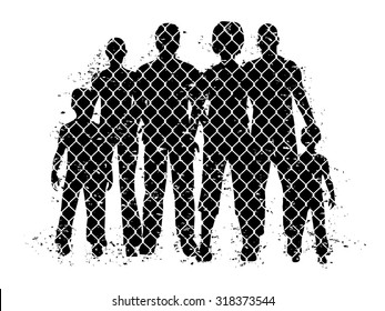 People behind wire fence. Vector illustration about problem refugees.