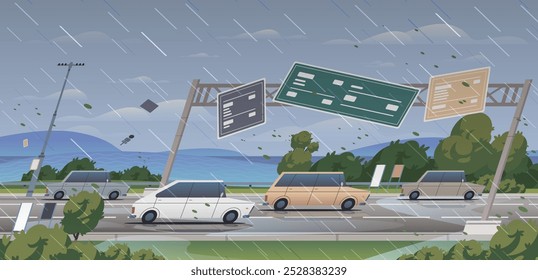 Las Personas están siendo evacuadas de la ciudad en coche. La tormenta se acerca a la ciudad. Ilustración vectorial plana