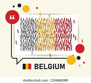 People Of Belgium Doing Protest Or Celebration Campaign For National Day Public Message. Belgian Flag With Speech Bubble And Black Yellow Red Color Theme. Small Sized Group, Population Or Citizens.