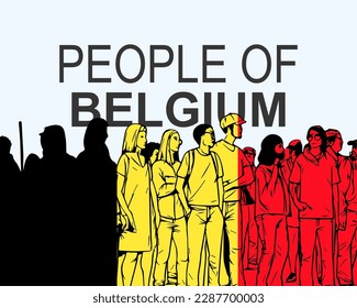 People of Belgium with flag, silhouette of many people, banner of diversity or protest in Belgium, group of person, society and audience concept, gathering idea