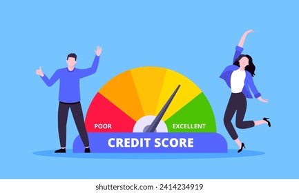People beside credit score arrow gauge speedometer indicator with color levels. Measurement from poor to excellent rating for credit or mortgage loans concept flat style design vector illustration.