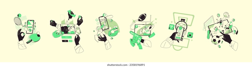 People bet on sports online, gambling, play games of chance. Hands with smartphone, mobile phone. Wagering on football, basketball, soccer, tennis. Bookmaker concept flat isolated vector illustration