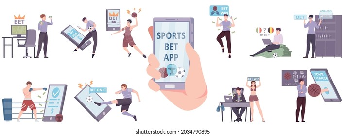 People betting online flat set with sports bet app on smartphone screen in human hand isolated vector illustration