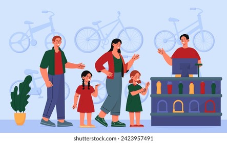 Personas en la tienda de bicicletas. Hombre y mujer con niños compran el ciclo. Estilo de vida activo y deporte. Clientes y clientes próximos a la caja registradora. Viaje y viaje, viaje. Dibujo vectorial plano de dibujos animados