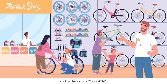 People bicycle store. Bike shop customers buying bicycles, young cyclist choose bikes biking helmet or wheel accessories retail sport cycle shopping, classy vector illustration authors graphics