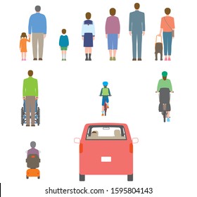 People, bicycles, automobiles. Illustration seen from the back