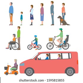 People, bicycles, automobiles. Illustration seen from the side