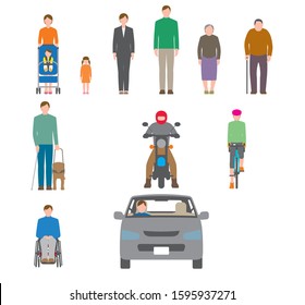 People, bicycles, automobiles. Illustration seen from the front
