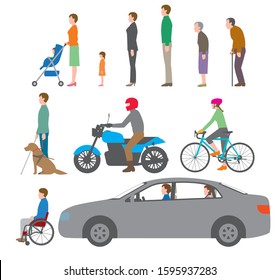 People, bicycles, automobiles. Illustration seen from the side

