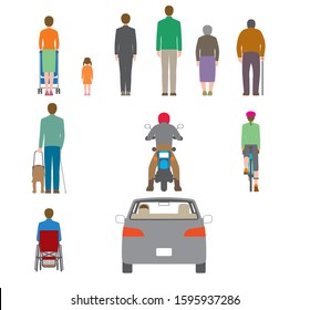 People, bicycles, automobiles. Illustration seen from the back
