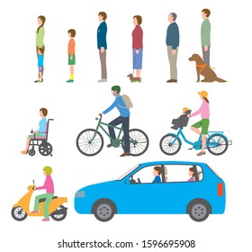 People, bicycles, automobiles. Illustration seen from the side