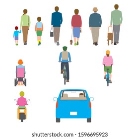 
People, bicycles, automobiles. Illustration seen from the back