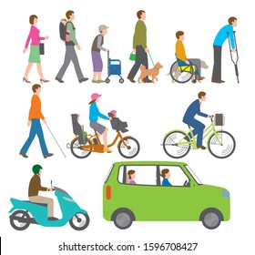 People, bicycles, automobiles. Illustration seen from the side