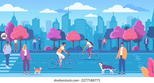 People with bicycles in the ecologically pure city park, landscape. Cycle lane, mobile internet technology and no car sign