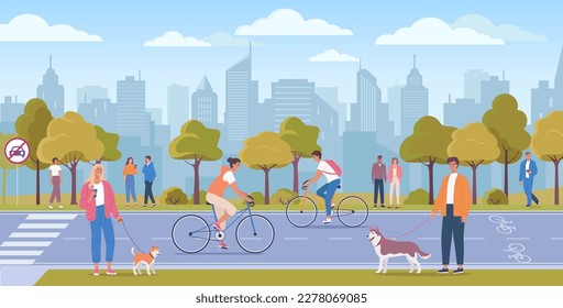 People with bicycles in the ecologically pure city park, landscape. Cycle lane, mobile internet technology and no car sign