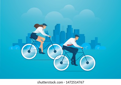 People with bicycles in park with city background, vector illustration EPS10