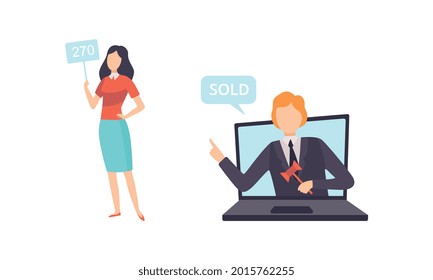 People Bidding in Internet Auction, Buyers and Auctioneer Selling Artworks Online Flat Vector Illustration