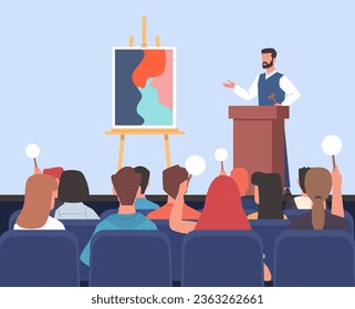 People bidding on art at public auction house. People sitting back view, contemporary artworks, exhibition and lecture in museum. Contemporary pictures. Cartoon flat isolated vector concept