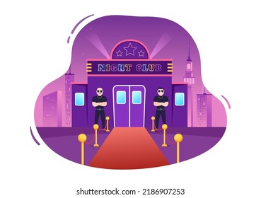 People Big And Bald Bouncers Standing Outside The Entrance To The Night Club In Flat Cartoon Illustration