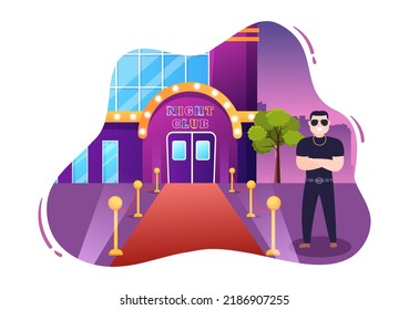 People Big And Bald Bouncers Standing Outside The Entrance To The Night Club In Flat Cartoon Illustration