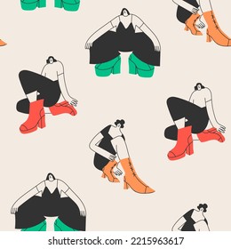 People With Big Boots And Small Heads. Cute Abstract Disproportionate Characters. Different Shoes And Poses. Hand Drawn Vector Illustration. Square Seamless Pattern. Background, Wallpaper