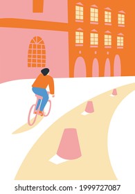 People in the big city. Vector cute illustrations of people on the city streets. Freehand drawings for poster, card and cover. Landscape city center with many building