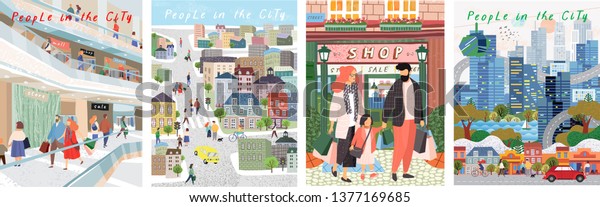 大都市の人々 買い物や街頭で買い物をする人や家族のベクター画像イラスト ポスター カード カバー用のフリーハンドの絵 のベクター画像素材 ロイヤリティフリー