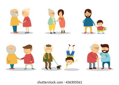 People and big family. Old happy family. Plus size pensioners couple. International family. Vegan older people. Wedding elderly people. Flat style vector illustration isolated on white background
