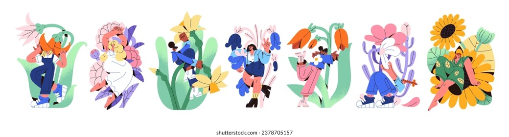 People with big flowers set. Different tiny girls rest, hug, holding, sitting on abstract plants. Garden flora: tulip, sunflower. Bloom nature. Flat isolated vector illustration on white background