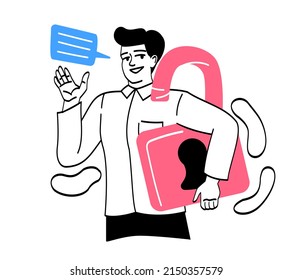 Gente con cosas grandes. Hombre con candado, oficial de seguridad, protección de datos personales. Programmer desarrolla antivirus para bloquear amenazas. Joven con traje blanco. Dibujo vectorial plano de dibujos animados