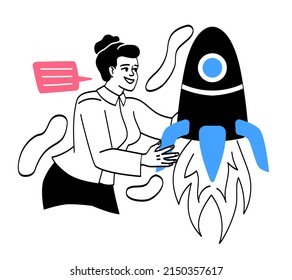 People with big items. Young girl launches rocket, metaphor for entrepreneurship. Businesswoman develops start up, innovation for modern company and organization. Cartoon flat vector illustration