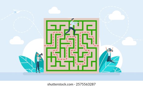 People in big labyrinth. Metaphor of financial literacy. Business solution as messy maze solving skill or strategy tiny person concept. Leader searching for labyrinth exit plan. Vector illustration.