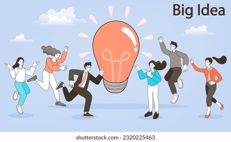 People with big light bulbs. Man and woman thinks of great idea. People holding a big pencil And is walking forward. Good idea reach inspiration motivation, found solution for success at work. vector.