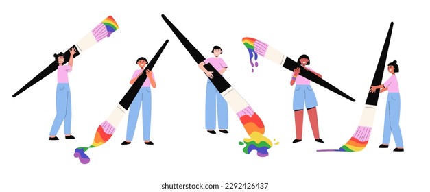 Menschen mit großen Pinselstrichen, die Regenbogen zeichnen. Verschiedene Charaktere mit riesigen Bürsten, bunten Farbspritzer. LGBTQ, Pride Monat Konzept. Flaches Cartoon, Vektorgrafik