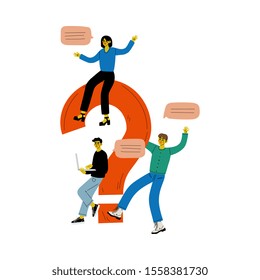 People with a Big Question Mark, Colleagues Communicating, Making a Choice or Seeking Solution to a Problem Vector Illustration